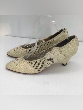 Vintage Claudio Merazzi Lace Woven Leather Heel Made In Italy Creme Size 9B